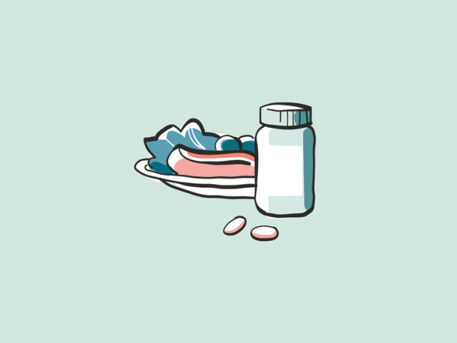 Illustration af mad og medicin
