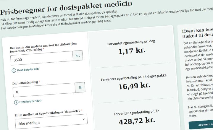 Skærmbillede af dosisprisberegner