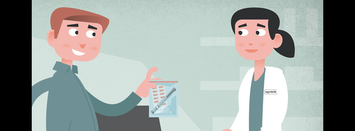 Mand afleverer pose med medicinaffald på apoteket