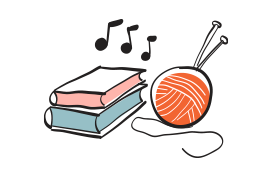 Illustration af garnnøgle og bøger