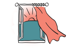 Illustration af åbent vindue mod solnedgang